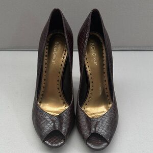 BCBGirls Dark Brown Snake-Embossed Peep-Toe Pumps